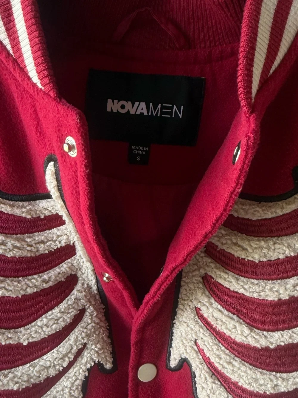 NOVA MEN Skeleton Varsity Jacket Red Ivory Chenille Bones Bomber Snap Small